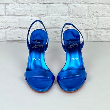 Christian Louboutin O Marylin 85 mm Sandals, Metallic Blue, Size 39.5