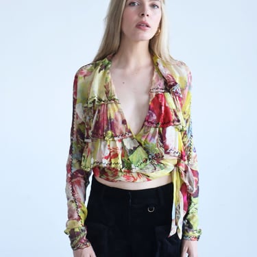 Vintage Jean Paul Gaultier Floral Print Silk Ruffle Wrap Blouse with Embroidery sz IT 44 10 JPG Rainbow Multicolor 