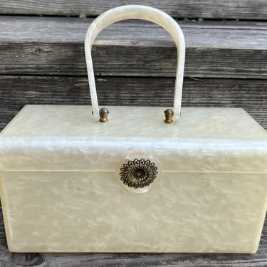 vintage Wilardy lucite purse 1950s ivory box bag 