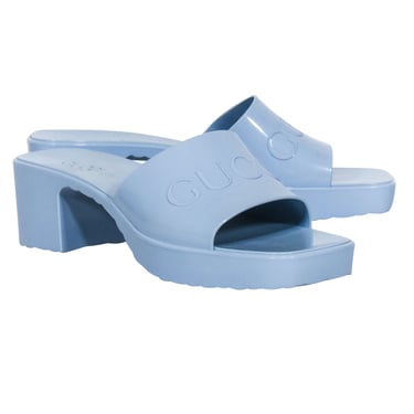 Gucci - Light Blue Rubber Logo Platform Slide Sandals Sz 11
