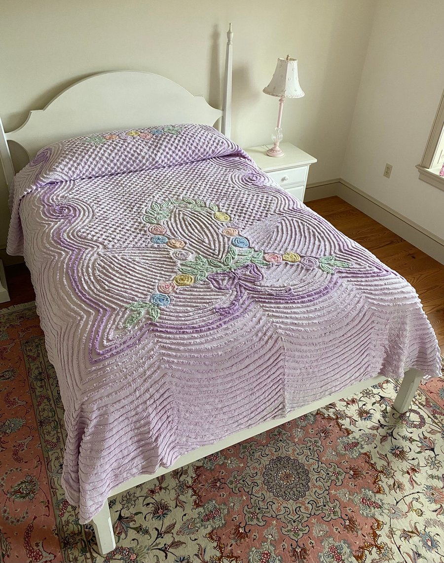 Vintage 1979 Tastemaker Powder Blue, Purple and Green Queen Quilted Coverlet Bedspread 82