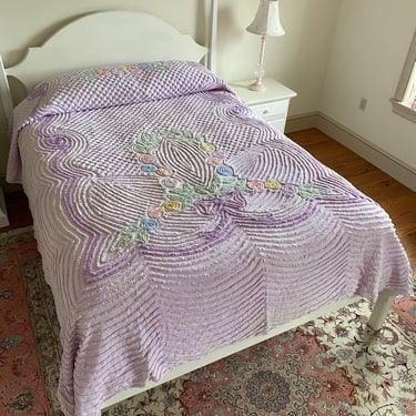 NEW - Lavender Vintage Chenille Bedspread, Full or Queen, Purple, Green, Blue, Pink, Yellow, Floral Coverlet 
