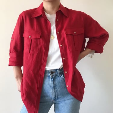 vintage linen shirt linen top linen blouse minimalist linen Lauren Ralph Lauren NWT deadstock red 90s retro style capsule wardrobe size L 