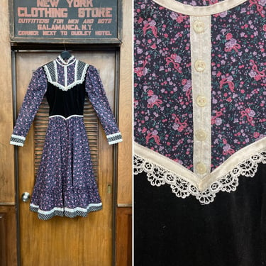 Vintage 1970’s “Gunne Sax” Floral Peasant Victorian Velvet Boho Dress, Hippie Boho Dress, Vintage Gunne Sax Dress, Prairie Dress, 1970’s, 