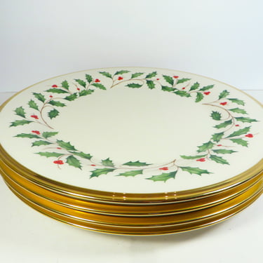 Vintage Lenox Holiday Dinner Plates - Set of 4 Lenox Holiday Cream Gold Rim Holly Dinner Plates 