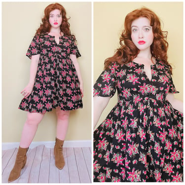 1990s Vintage Sostanza Cotton Pink Grunge Dress / 90s Gauze Floral Print Babydoll Dress / Size Large 