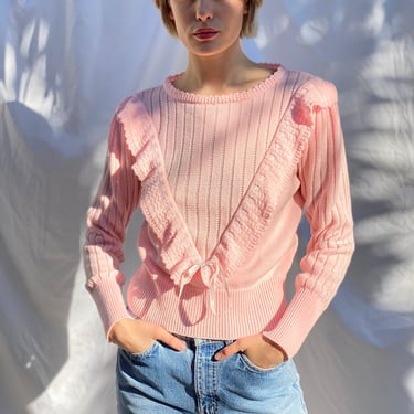 80s Pink Sweater / Ribbon Sweater / Knit 1980's Sweater / Vintage Slim Cut Fit Sweater Knitwear / Baby Pink Cute Sweater 