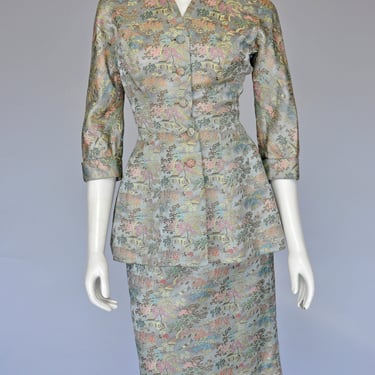 1950s Alix of Miami Asian floral brocade skirt set XXS 