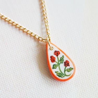 Floral Hand Painted Ceramic Charm Necklace, Hand Painted Necklace, Pink Boho Jewelry,  Gold Chain, Folk Art Ceramics, Wildflower Pendant 