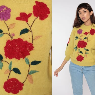 Embroidered Floral Sweater 70s WOOL Knit Yellow Rose Print Sweater Pullover Vintage Jumper Balloon Sleeve Kawaii Retro 80s Small 