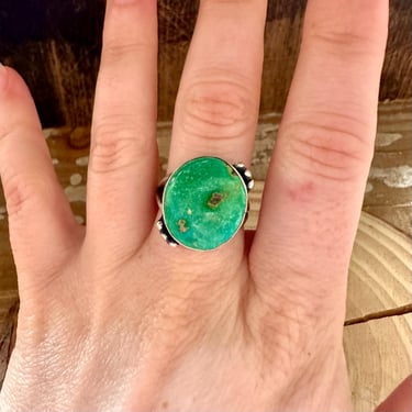 SEA URCHIN GREEN D&D Sterling Silver and Turquoise Ring | D D hallmark | Native American Navajo Southwestern Jewelry | Size 8 