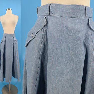 Vintage 70s Salaminder XXS Chambray Pink Pinstripe High Waist Full Skirt with Pockets 