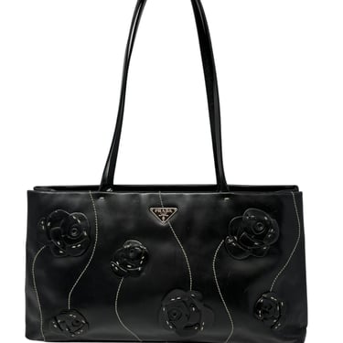 Prada Black Leather Floral Shoulder Bag