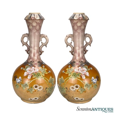Vintage Japanese Porcelain Floral Baluster Vase w/ Figural Handles - A Pair