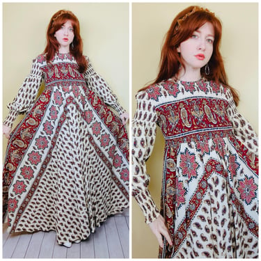 1970s Vintage Denise L Cotton Paisley Smocked Maxi Dress / 70s / Seventies Cream and Red Trapeze Skirt Bohemian Gown / Size Large - XL 