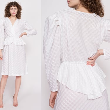 80s White Satin Puff Sleeve Peplum Party Dress - Medium | Vintage Metallic Plaid Fitted Waist Midi Dress 