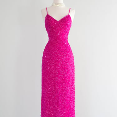 Fabulous Vintage Barbie Pink Beaded Evening Gown / Medium