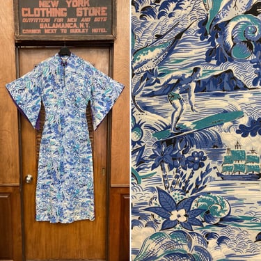 Vintage 1940’s Liberty House Tropical Rayon Pake Muu Batwing Sleeve Hawaiian Dress, Vintage Pake Muu, Hawaiian Dress, Batwing Sleeve, Tiki 