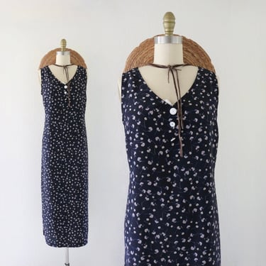 ditsy daisy maxi dress - m - vintage 90s y2k navy dark blue small floral long womens size medium summer sun sleeveless dress 