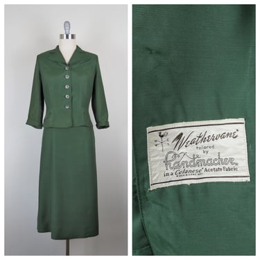 Vintage 1940s, 1950s Handmacher Weathervane skirt suit, forest green, summer weight, size medium 