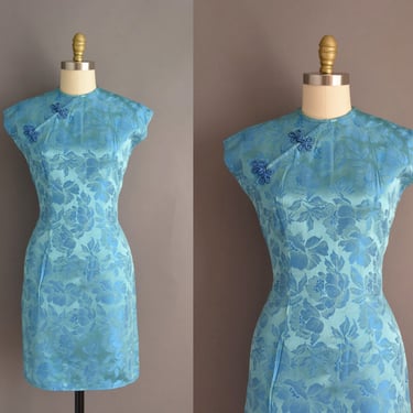 1960s dress | Beautiful Turquoise Floral Print Cocktail Party Dress | Small | 60s vintage dress 