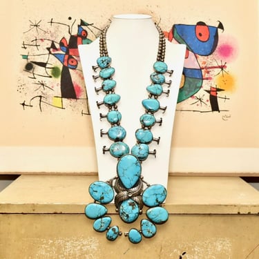 HUGE Native American Turquoise Squash Blossom Necklace, Vintage Old Pawn Jewelry, Navajo Pearls, Natural Blue Turquoise, 32" L 