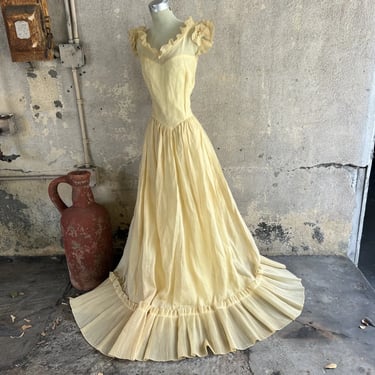Vintage 1940s Yellow Organza Cotton Maxi Dress Accordion Pleating Flower Trim