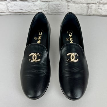 Chanel Lambskin CC Mocassin Loafers, Size 38 (US 7.5), Black