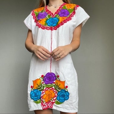 Vintage Mexican Floral Embroidered Boho Mini Dress 