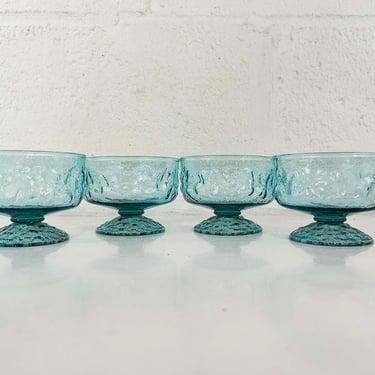 Vintage Aqua Blue Coupe Glasses Anchor Hocking Lido Milano Crinkle Glassware Set of 8 Champagne Sherbet Mid-Century Colorful Home 1960s 