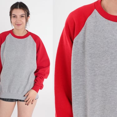 Raglan Sweatshirt 90s Heather Grey Red Pullover Crewneck Sweatshirt Plain Ringer Sweater Basic Streetwear Baseball Tee Vintage 1990s Large L 