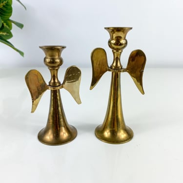 Vintage Brass Mini Angel Wings Candlestick Holder set of 2, Figural Angel Candlestick Holders, Christmas Angels, Brass Trumpet, Capital Halo 