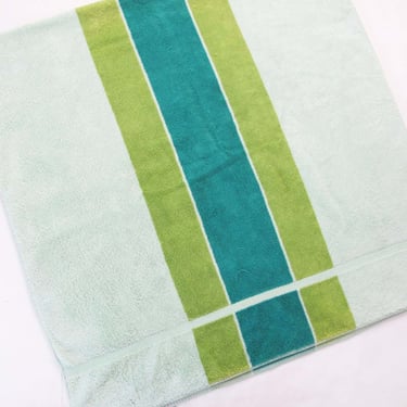 Vintage 70s Mint Green Striped Beach Towel XL - 1970s Fieldcrest Terrycloth Pool Towel 