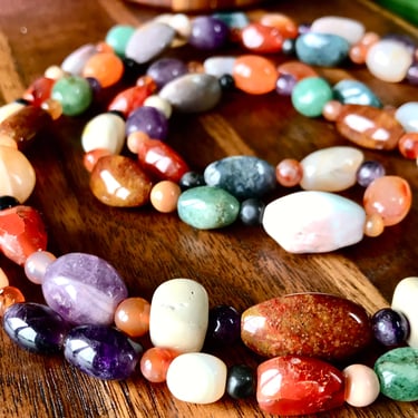 Vintage Mixed Agate Rope Necklace Polished Natural Stones Rainbow Extra Long 50” Artisan Handmade 