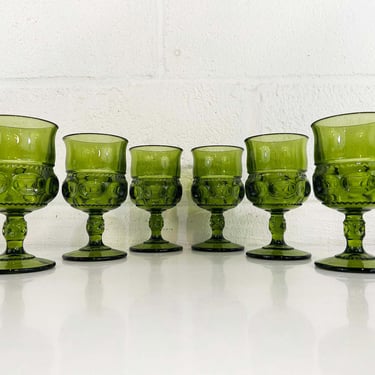 Vintage Green Kings Crown Goblets Mount Vernon Water Glasses Thumbprint Stemmed Emerald Set of 6 Indiana Glass Olive Green Avocado 1960s 