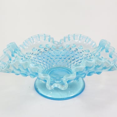 Mid Century Turquoise Hobnail Candy Bowl - Turquoise Ruffled Edge Footed Hobnail Dish 