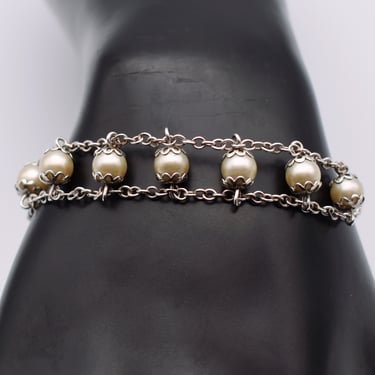 Romantic 60's sterling faux pearls bracelet, double strand 925 silver beads mid-century wristlet 