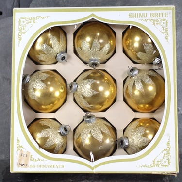 Shiny Brite Glass Ornaments in Original Box | Set of 9 Matching 2.5" Gold Glitter Christmas Ornaments | Circa 1960 | Bixley Shop 