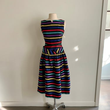 1960s Taffeta rainbow striped drop waist dress-size S 