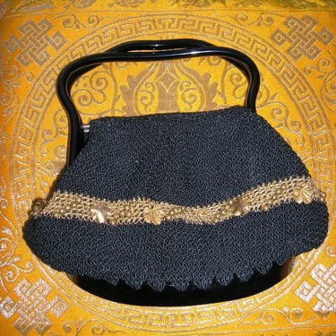 Vintage 1950's Lucite Crocheted Purse Black / Gold Lame Accent Metal Beads Leaf Charms Twist Snap Lucite Handle and Base 