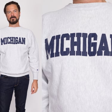 M| 90s University Of Michigan Champion Reverse Weave Sweatshirt - Men's Medium | Vintage Heather Grey Collegiate Crew Neck Pullover 
