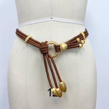 Vintage Braided Cognac Leather Belt with Gold Findings | Clara Studios | Back Buckle | Size Large 