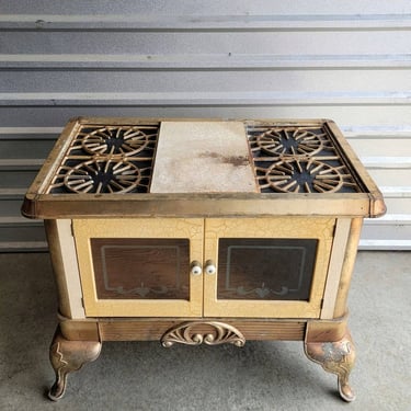 Antique American Early Kitchen Stove Wood Oven now Console Table w/ Glass-Door Storage Cabinet - Kitchen Island , Enameled Cast Iron Metal 