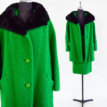1960s Green Wool Coat & Skirt Suit Set | 60s Kelly Green Wool Suit | Constantino | Large 