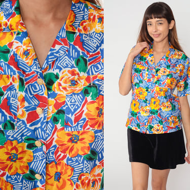 Geometric Floral Blouse 90s Button up Shirt Abstract Tropical Flower Print Top Short Sleeve Summer Bright Retro Vintage 1990s Small 6 P 