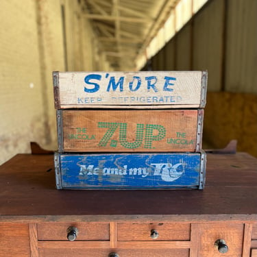 3 Vintage Pop Bottle Crates Royal Crown Cola 7UP S’Mores 