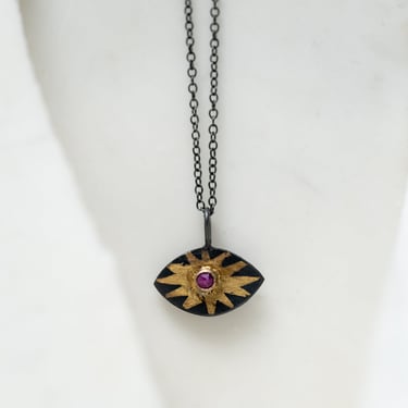 24k Gold, Ruby And Oxidized Sterling Silver Evil Eye Necklace