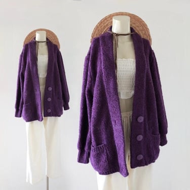 amethyst boucle slouch cardigan - s - vintage 80s 90s purple acrylic long sleeve sweater 