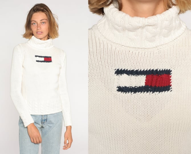 Tommy Hilfiger Sweater Y2k White Knit Turtleneck Sweater Top Retro Preppy Crest Pullover Jumper Streetwear Vintage 00s Cotton Extra Small xs 