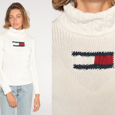 Tommy Hilfiger Sweater Y2k White Knit Turtleneck Sweater Top Retro Preppy Crest Pullover Jumper Streetwear Vintage 00s Cotton Extra Small xs 